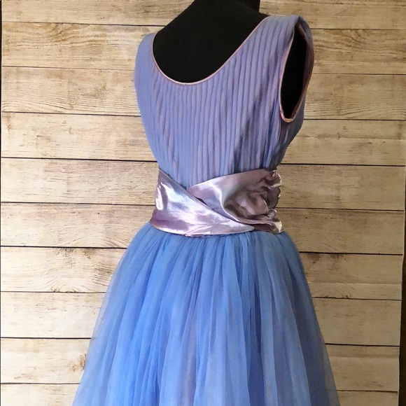Vtg 50s Blue Party Dress Satin Chiffon - Picture 5 of 8
